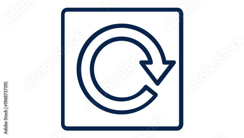 Dark blue minimalist vector icon illustration of a circular refresh arrow in a square frame. Scalable flat design for user interface, web navigation, reload, and digital app development projects.