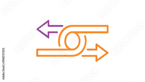 Minimalist vector icon illustration of two arrows pointing in opposite directions with a central loop, featuring a vibrant purple to orange gradient, ideal for UI design and web interfaces.