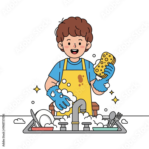 Happy boy washing dishes, wearing apron and gloves, with soap suds and bubbles.