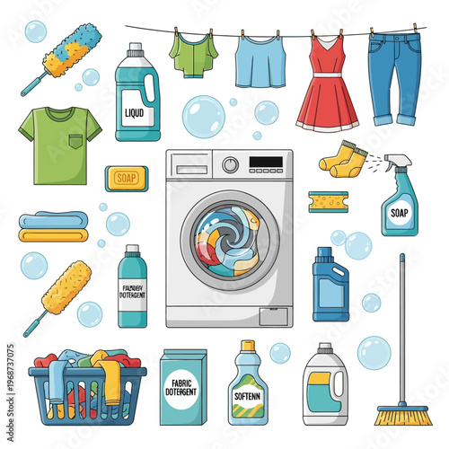 Laundry Day Flat Design Icons: Washing Machine, Clothes, Detergent, and Accessories