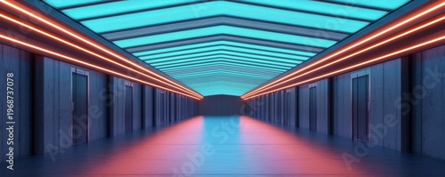 Symmetrical concrete corridor, illuminated by intense orange neon lines and a textured aqua ceiling, its reflective floor mirroring a futuristic digital pathway., Cyberpunk ,Abstract