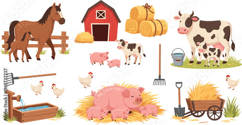 Farm Animal Illustration Set Featuring Horses, Pigs, Cows, Chickens, Barn, and Farm Tools for Kids' Designs