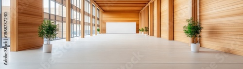 Symmetrical modern wood hallway with large windows, light floor, potted plants and blank white wall. Minimalist architectural design, spacious interior. ,Architecture ,Clean