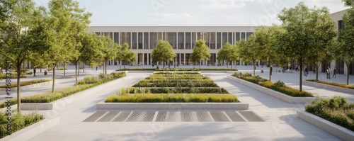 Symmetrical modern urban plaza, flanked by trees and tiered garden beds, leading to a contemporary building. Showcasing serene biophilic landscape architecture.Urban Greening, Public