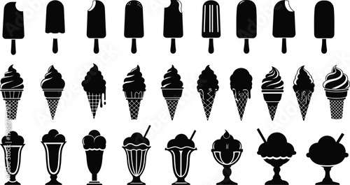 Set of black ice cream silhouettes featuring popsicles, soft serve cones, and sundae bowls for summer dessert graphic design elements.