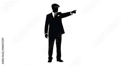 A sharply dressed man in a suit and cap points forward creating a striking visual silhouette high quality professional detailed modern