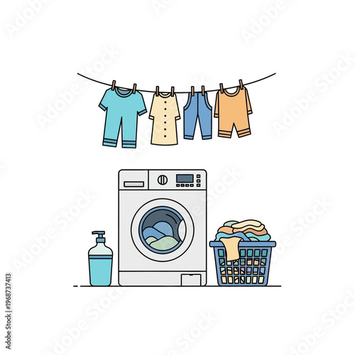 Laundry day: Washing machine, clothesline, basket, and detergent. Flat design illustration.