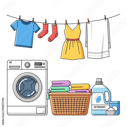 Laundry Day: Washing Machine, Clothesline, Basket, and Detergent, Clean Household Chores