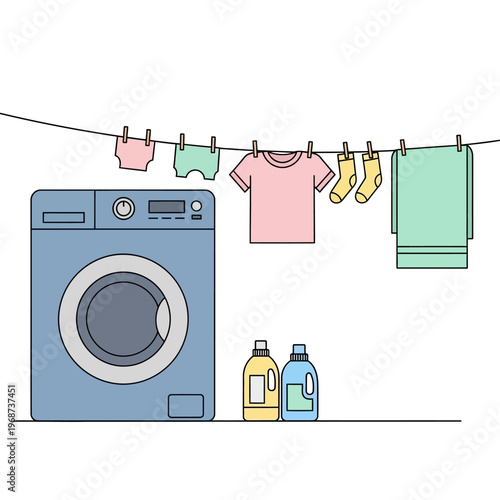 Laundry day: washing machine, clothesline, detergent, clean garments hanging to dry