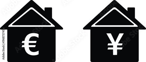 House icons with currency symbols, Euro real estate graphic, Yen property illustration, international housing market design, investment comparison vector