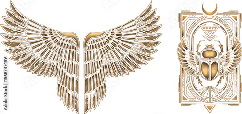 Quadro su tela Egyptian Winged Scarab and Sacred Beetle Vector Designs in Gold for Cultural, Vi