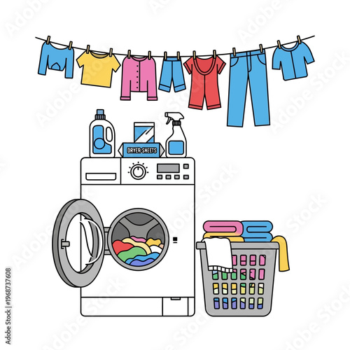 Laundry Day: Washing Machine, Clothesline, Laundry Basket, Detergents