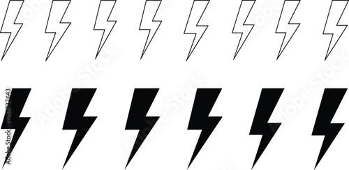 Lightning bolt icons, outlined and filled, electricity symbol, power energy graphic, vector design illustration, electric charge icon, thunderbolt shape, UI element