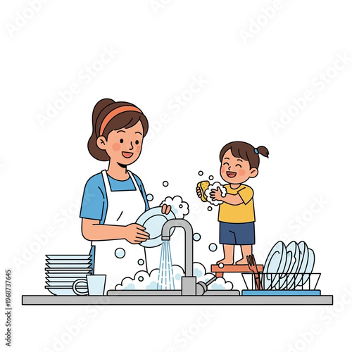 Mother and daughter washing dishes together, happy family chore, kitchen sink scene