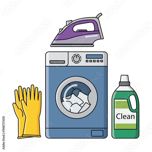 Laundry equipment: washing machine, iron, cleaning supplies, rubber gloves, clean clothes icon