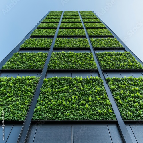 Upward view Modern dark-framed building with vibrant green vertical garden panels, embodying biophilic urban sustainability. ,Eco-architecture ,Living Facade
