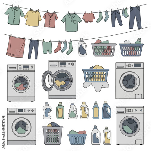 Laundry Day: Washing Machines, Baskets, Clothesline, Detergents, and Laundry Supplies