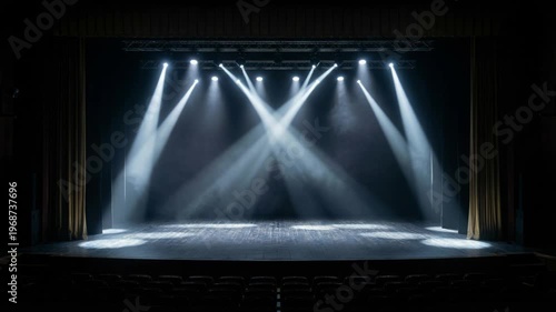 Empty theater stage with dramatic spotlights, dark curtains, and atmospheric haze, ideal for live performance backgrounds and event