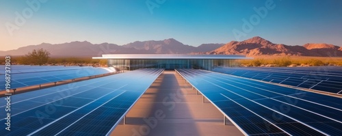 Vast desert solar farm with symmetrical blue panels converging on a futuristic circular building, against majestic mountains and a serene sky. Renewable energy vision. GreenTech,