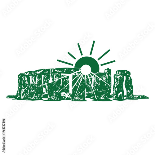 Green silhouette of stonehenge megalithic monument with a rising sun and radiating light beams isolated on a white background