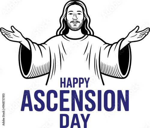 Black and white of jesus christ with text happy ascension day