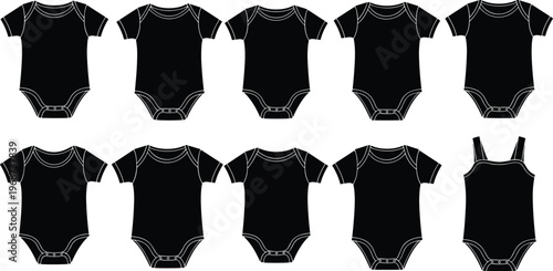 Baby onesie silhouettes, infant clothing icons, toddler apparel illustration, newborn fashion artwork, childcare design concept, babywear graphic representation