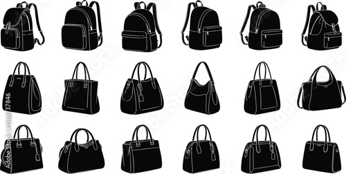 Bag silhouette icons, backpack and handbag illustration, fashion accessory artwork, retail design concept, tote and satchel graphic representation