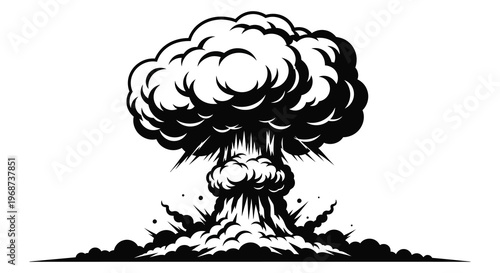A dramatic black and white depiction of a mushroom cloud explosion showcasing a powerful and destructive event silhouette high quality professional