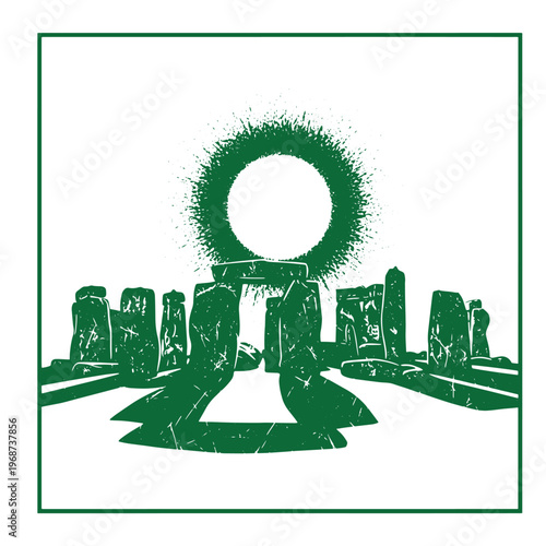 Green silhouette of stonehenge with a radiating sun circle above the megalithic stone circle monument featuring a distressed grunge texture effect on a white background