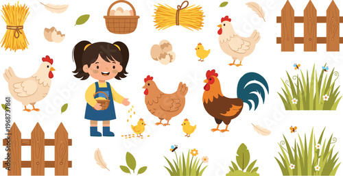 Farm Girl Feeding Chickens with Hens, Rooster, and Hay in a Fun Farmyard Vector Set for Kids