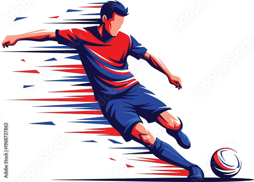 Dynamic soccer player kicking ball vector illustration, athletic football striker in motion, fast action sports graphic with speed lines