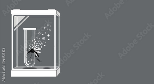 Mosquito trapped in scientific experiment glass container with test tube and dissolving particles illustrating pest control research.
