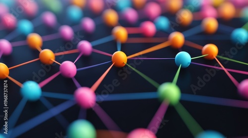 Vibrant 3D abstract network colorful spheres connected by radiant lines on a dark background, representing complex digital data flow and social communication. connectivity, technology