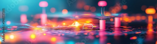 Vibrant abstract digital network Low-angle close-up of glowing neon pillars, swirling data forms on a reflective circuit board, symbolizing AI and quantum connectivity., Quantum