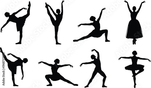 Ballet dancer silhouettes, classical dance poses icons, graceful movement illustration, artistic choreography artwork, expressive performance design concept