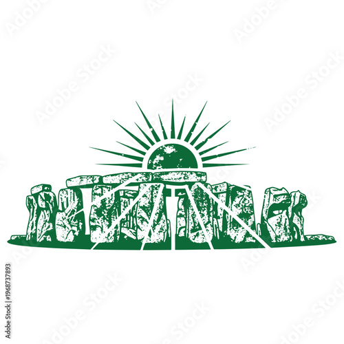 Green silhouette of stonehenge with a rising sun and radiating light beams featuring a distressed weathered texture on a white background