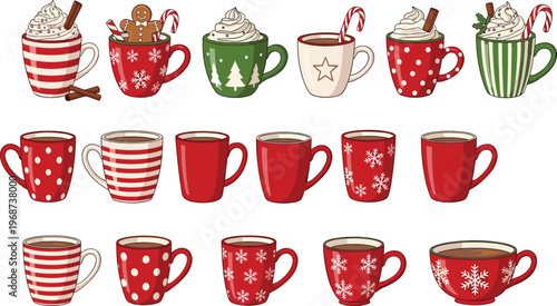 Holiday Hot Chocolate and Coffee Mug Collection with Candy Canes, Gingerbread, and Winter Decorations for Christmas, Festive, and Food Illustration Projects