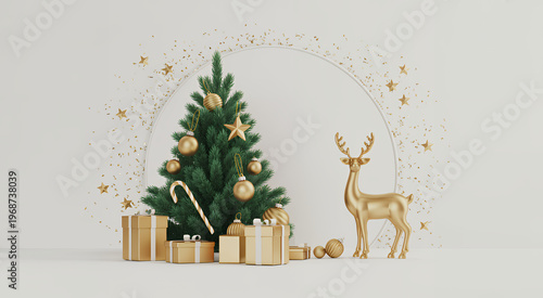 Christmas tree with gold ornaments and reindeer presents