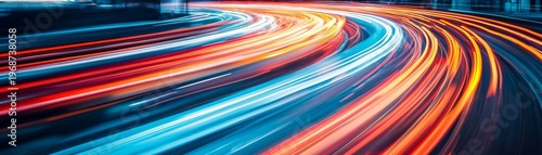 Vibrant long exposure captures urban light trails, a dynamic flow of red, orange and blue on a curved city road, symbolizing speed and future tech. Motion, Connectivity