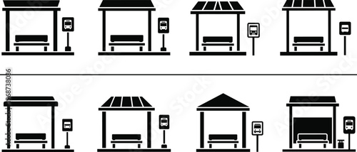 "Bus stop shelter icon set, public transportation vector, commuter waiting area illustration, urban design graphic, city infrastructure concept art"