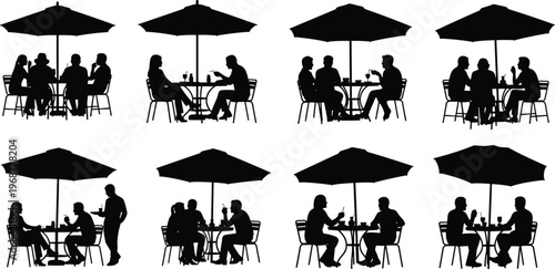 cafe, dining, table, people, group, social, interaction, restaurant, outdoor, communication, gathering, silhouette, icon, design, illustration, 