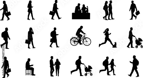 set of black silhouette people icons walking running cycling pushing strollers and sitting