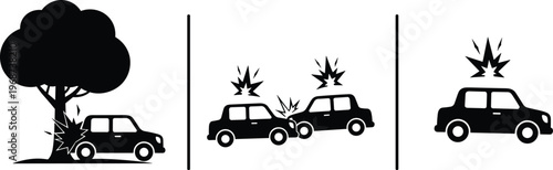 Car accident icons, crash into tree, head‑on collision graphic, vehicle impact illustration, auto safety symbol, insurance claim vector, traffic accident design