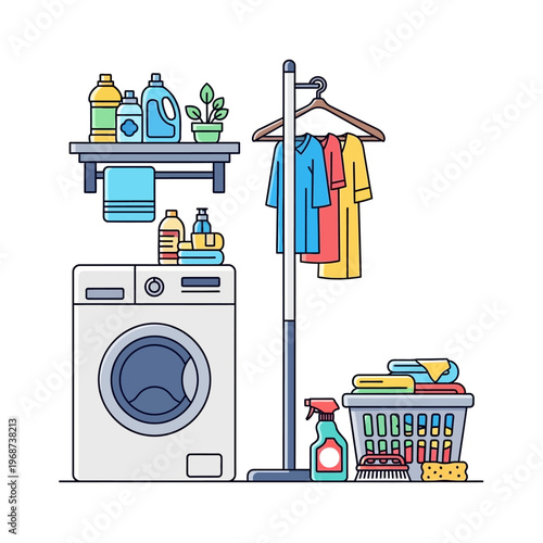 Laundry room scene with washing machine, clothes rack, basket and cleaning supplies