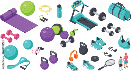 Foto Fitness Equipment Collection with Dumbbells, Yoga Mats, Treadmills, Kettlebells,