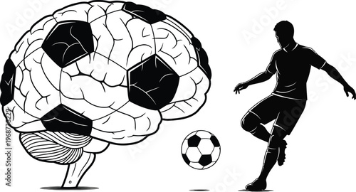 Conceptual soccer brain vector illustration, human brain with soccer ball texture, football player silhouette kicking ball, sports psychology concept