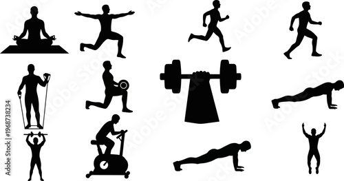 Silhouette of people performing various fitness exercises and poses with dumbbell  isolated on white background