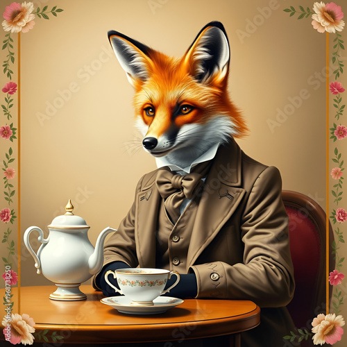 Victorian fox having a cup of tea