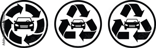 Car recycling icons, automotive sustainability symbols, eco vehicle illustration, environmental responsibility artwork, green transport design, circular economy concept graphic