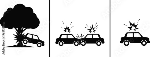 "Car accident silhouette set, vehicle crash icons, collision vector illustration, road safety design, insurance concept graphic, transportation hazard art"